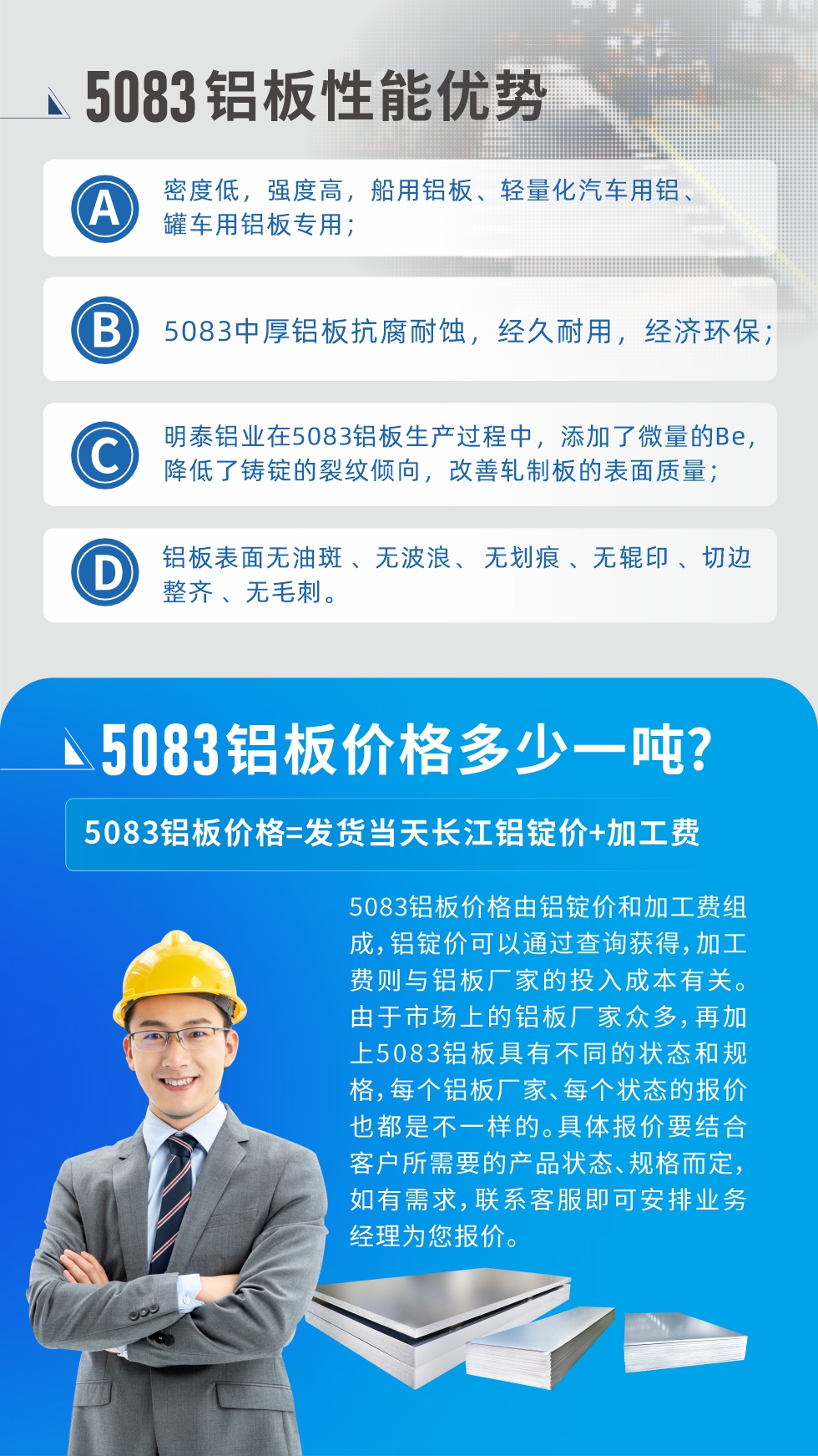 5083鋁板性能優(yōu)勢:1、密度低，強度高，船用鋁板、輕量化汽車用鋁、罐車用鋁板專用；2、5083中厚鋁板抗腐耐蝕，經(jīng)久耐用，經(jīng)濟環(huán)保；3、明泰鋁業(yè)在5083鋁板生產(chǎn)過程中，添加了微量的Be，降低了鑄錠的裂紋傾向，改善軋制板的表面質量；4、鋁板表面無油斑 、無波浪、 無劃痕 、無輥印 、切邊整齊 、無毛刺。
5083鋁板價格信息:5083鋁板價格由鋁錠價和加工費組成，鋁錠價可以通過查詢獲得，加工費則與鋁板廠家的投入成本有關。由于市場上的鋁板廠家眾多，再加上5083鋁板具有不同的狀態(tài)和規(guī)格，每個鋁板廠家、每個狀態(tài)的報價也都是不一樣的。具體報價要結合客戶所需要的產(chǎn)品狀態(tài)、規(guī)格而定，如有需求，聯(lián)系客服即可安排業(yè)務經(jīng)理為您報價。
5083鋁板價格=發(fā)貨當天長江鋁錠價+加工費。
5083鋁板廠家:河南明泰鋁業(yè)生產(chǎn)5083鋁合金薄板、5083熱鋁板、5083中厚鋁板、5083船用鋁板、5083花紋鋁板等等，按需定制生產(chǎn)，規(guī)格齊全，歡迎來廠考察參觀，更多相關產(chǎn)品詳細信息和優(yōu)惠報價，可點擊右側在線咨詢，也可撥打咨詢電話：0371-67898708快速獲取!