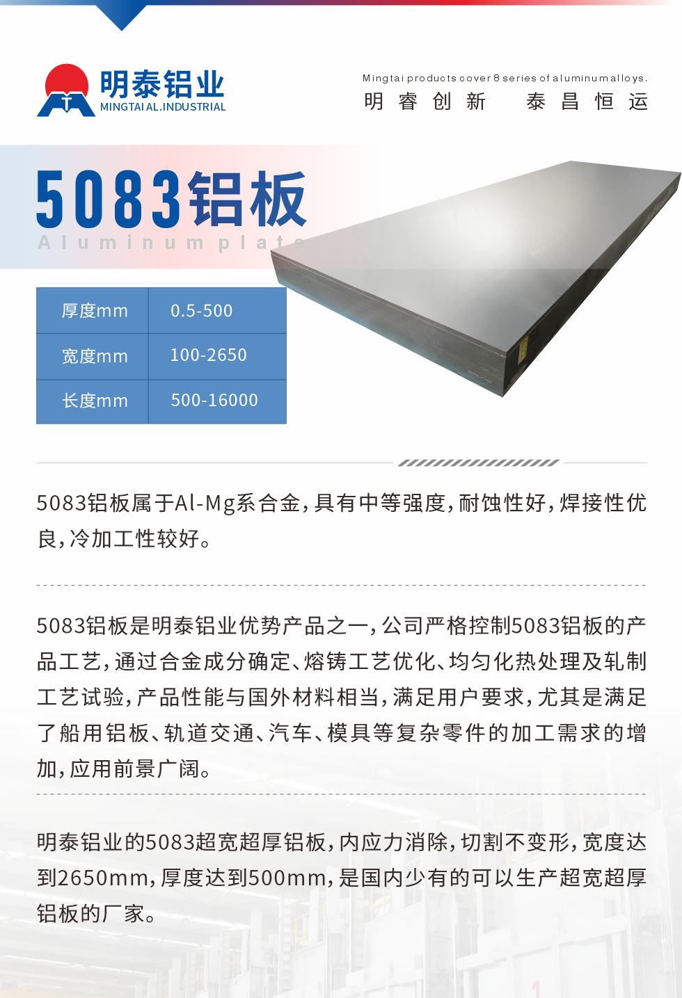 5083鋁板屬于Al-Mg系合金，具有中等強度，耐蝕性好，焊接性優(yōu)良，冷加工性較好。
　　5083鋁板是明泰鋁業(yè)優(yōu)勢產(chǎn)品之一，公司嚴格控制5083鋁板的產(chǎn)品工藝，通過合金成分確定、熔鑄工藝優(yōu)化、均勻化熱處理及軋制工藝試驗，產(chǎn)品性能與國外材料相當，滿足用戶要求，尤其是滿足了船用鋁板、軌道交通、汽車、模具等復雜零件的加工需求的增加，應用前景廣闊。
　　明泰鋁業(yè)的5083超寬超厚鋁板，內應力消除，切割不變形，寬度達到2650mm，厚度達到500mm，是國內少有的可以生產(chǎn)超寬超厚鋁板的廠家。