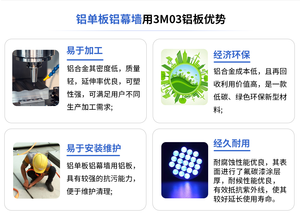 鋁單板鋁幕墻用3M03鋁板優勢
易于加工
鋁合金其密度低，質量輕，延伸率優良，可塑性強，可滿足用戶不同生產加工需求;
易于安裝維護
鋁單板鋁幕墻用鋁板具有較強的抗污能力，便于維護清理;
經濟環保
鋁合金成本低，且再回收利用價值高，是一款低碳、綠色環保新型材料，
經久耐用
耐腐蝕性能優良，其表面進行了氟碳漆涂層厚，耐候性能優良，有效抵抗紫外線，使其較好延長使用壽命。